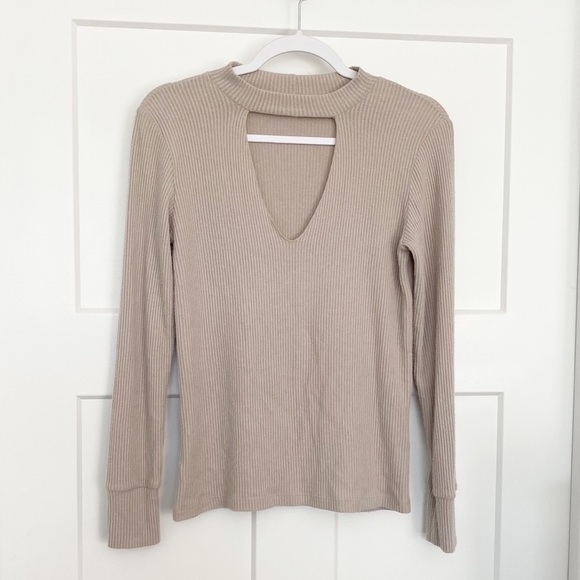 LNA Bardot Ribbed Long Sleeve Tee Choker Keyhole Cutout Neck Oat Beige Sz Small - Picture 5 of 11